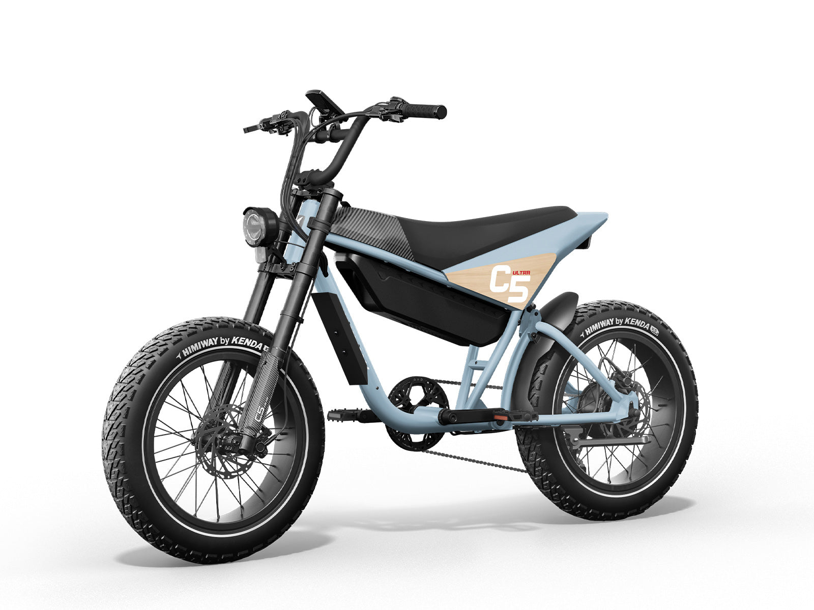 The Himiway - C5 Ultra is a contemporary blue electric bike designed for adventure, boasting a sleek design with a black seat, front suspension, rugged tires, and an extended range. It's the perfect companion for exhilarating journeys.