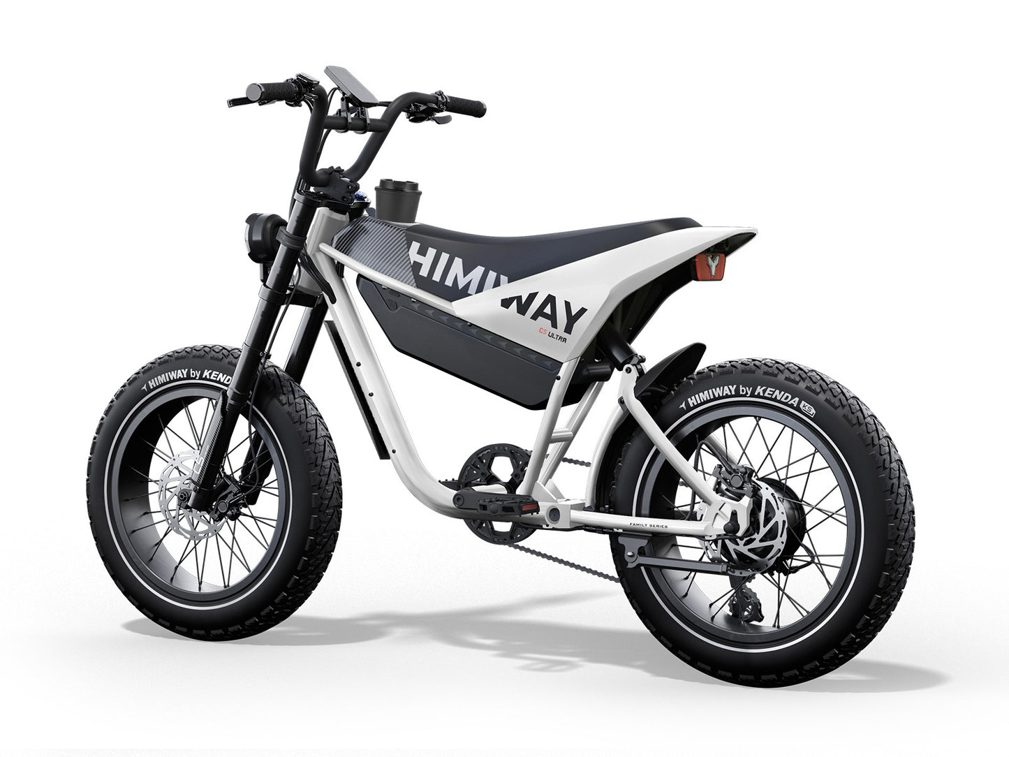 Discover new adventures with the Himiway - C5 Ultra electric bike, designed in a sleek black and white aesthetic complete with wide tires for enhanced stability. Carrying the iconic "Himiway" branding on its frame, this bike offers an experience as bold as an electric motorcycle with an extended range for your journey.