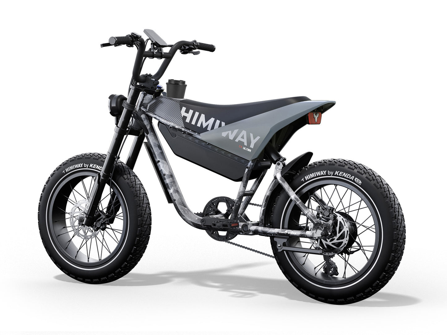 Side view of a black Himiway - C5 Ultra with thick tires, a minimalist frame design, and extended range capabilities on a white background.