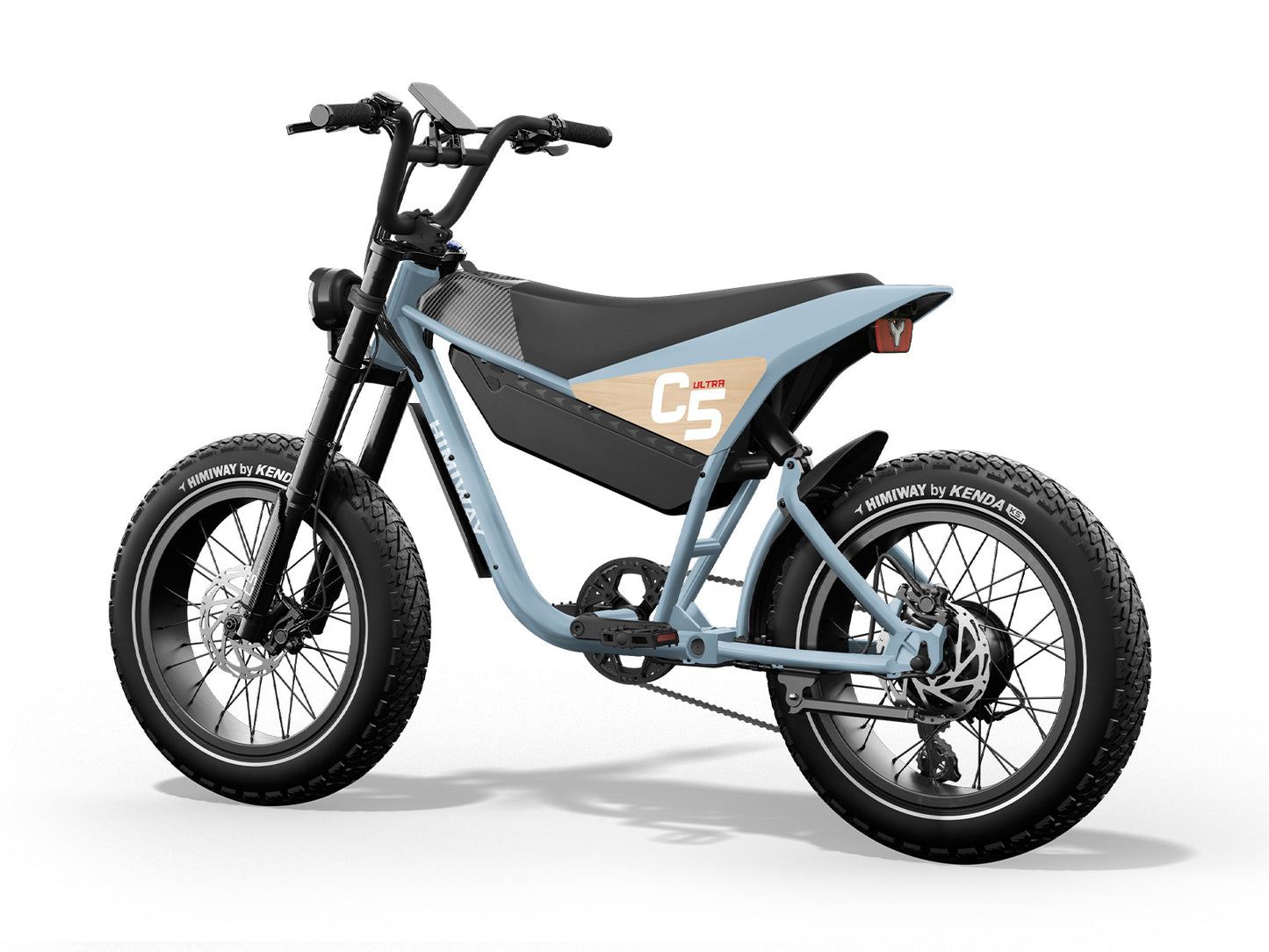 Experience the thrill of adventure with the Himiway - C5 Ultra electric bike, featuring a black seat, light blue frame, thick tires, and a powerful rear hub motor. The "Himiway" brand logo gleams on the side as you enjoy an extended range perfect for long rides.