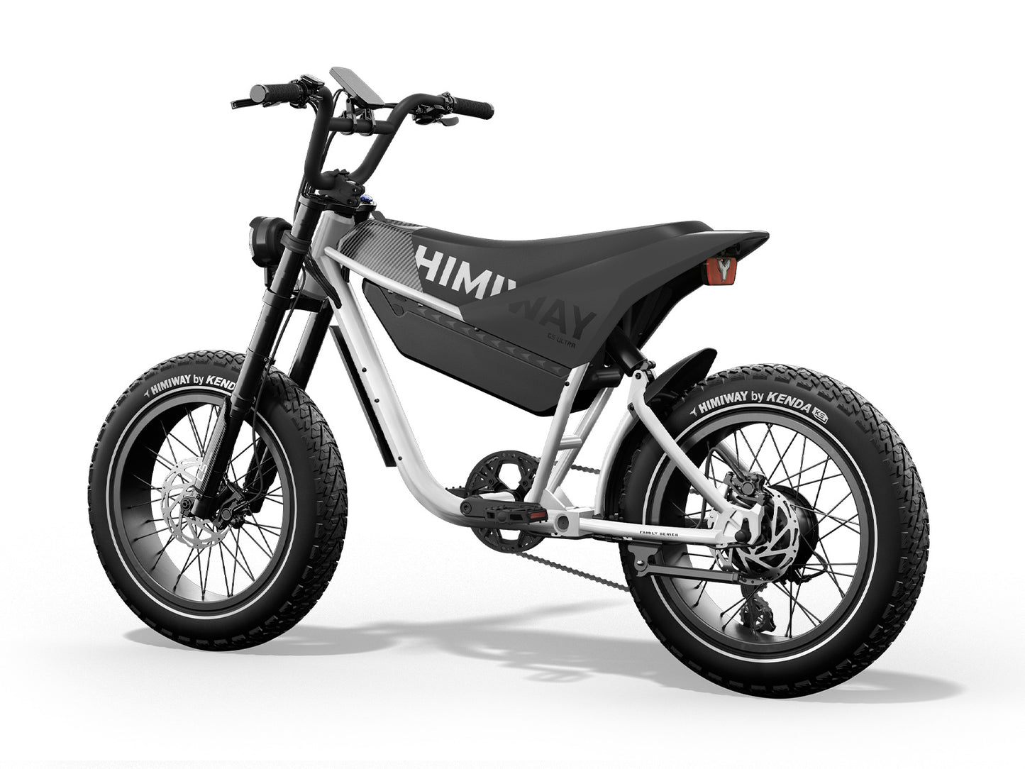 The Himiway - C5 Ultra, a black and white electric bike with a sturdy frame and thick tires resembling an electric motorcycle, is displayed from a side angle against a plain white background.