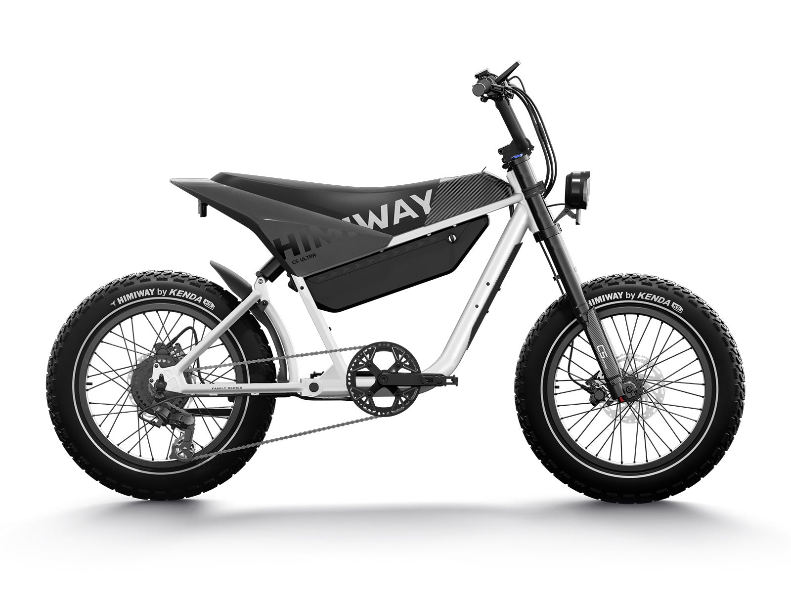 The Himiway C5 Ultra electric motorcycle, with its robust tires and stylish black and white frame accented by the prominently displayed "Himiway" on the battery area, is ideal for any adventure. This side-view marvel is designed to tackle both urban streets and challenging trails with ease.