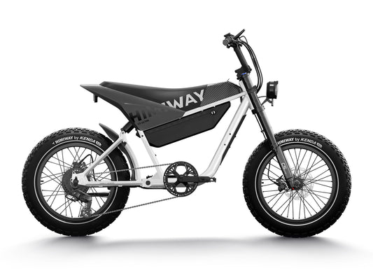 The Himiway C5 Ultra electric motorcycle, with its robust tires and stylish black and white frame accented by the prominently displayed "Himiway" on the battery area, is ideal for any adventure. This side-view marvel is designed to tackle both urban streets and challenging trails with ease.