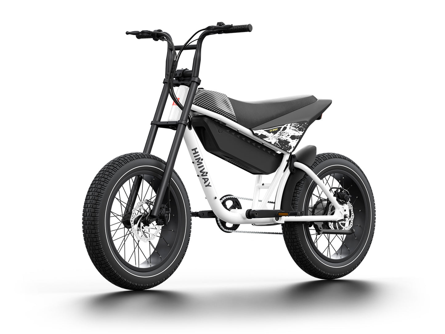 The Himiway - C5 Sport, offered by Himiway, is an affordable eBike that boasts a sleek black and white design. It features large tires and a minimalist frame, all beautifully presented against a plain white backdrop.