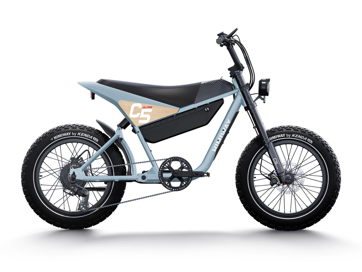 The Himiway C5 Ultra electric bike, ideal for adventure enthusiasts, features an eye-catching blue frame complemented by a comfortable black seat and robust wide tires. Its "C5" logo is boldly displayed on the side, delivering a perfect fusion of style and performance.