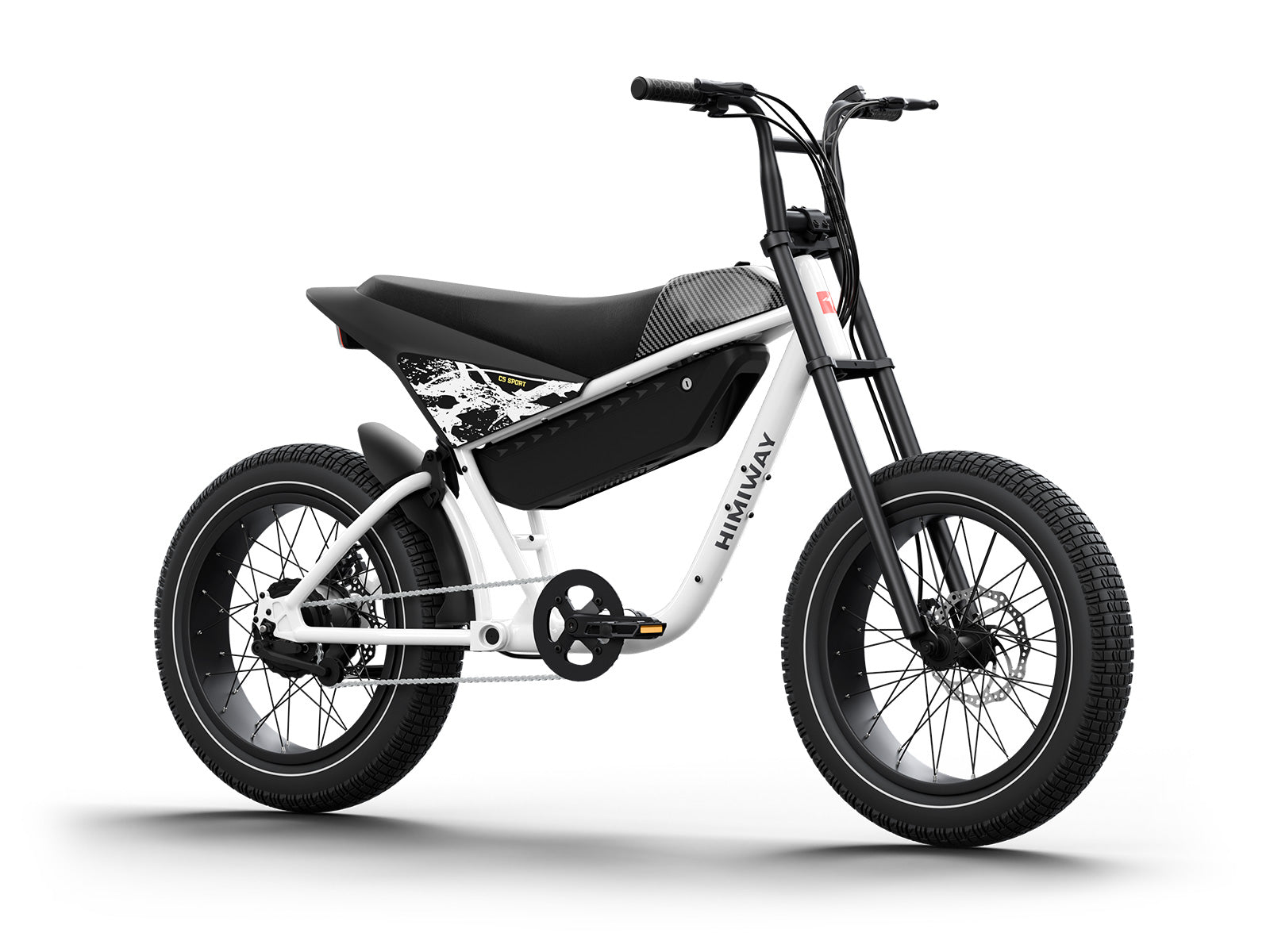 Introducing the Himiway - C5 Sport, a budget-friendly electric bike from Himiway, featuring a sleek white and black design with robust tires for an enhanced riding experience. This streamlined eBike is elegantly highlighted against a plain white backdrop, accentuating its modern style and advanced functionality.