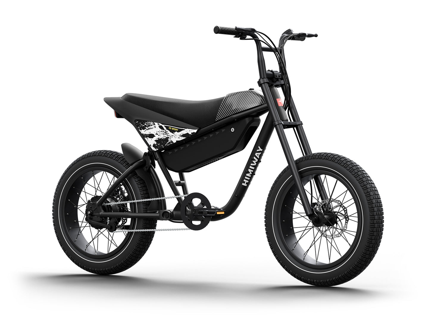 Introducing the Himiway - C5 Sport, a sleek black eBike that boasts a sturdy frame and wide tires in a minimalistic design. Ideal for electric biking enthusiasts, this budget-friendly eBike offers compact seating, handlebars, and pedals to ensure a smooth ride.