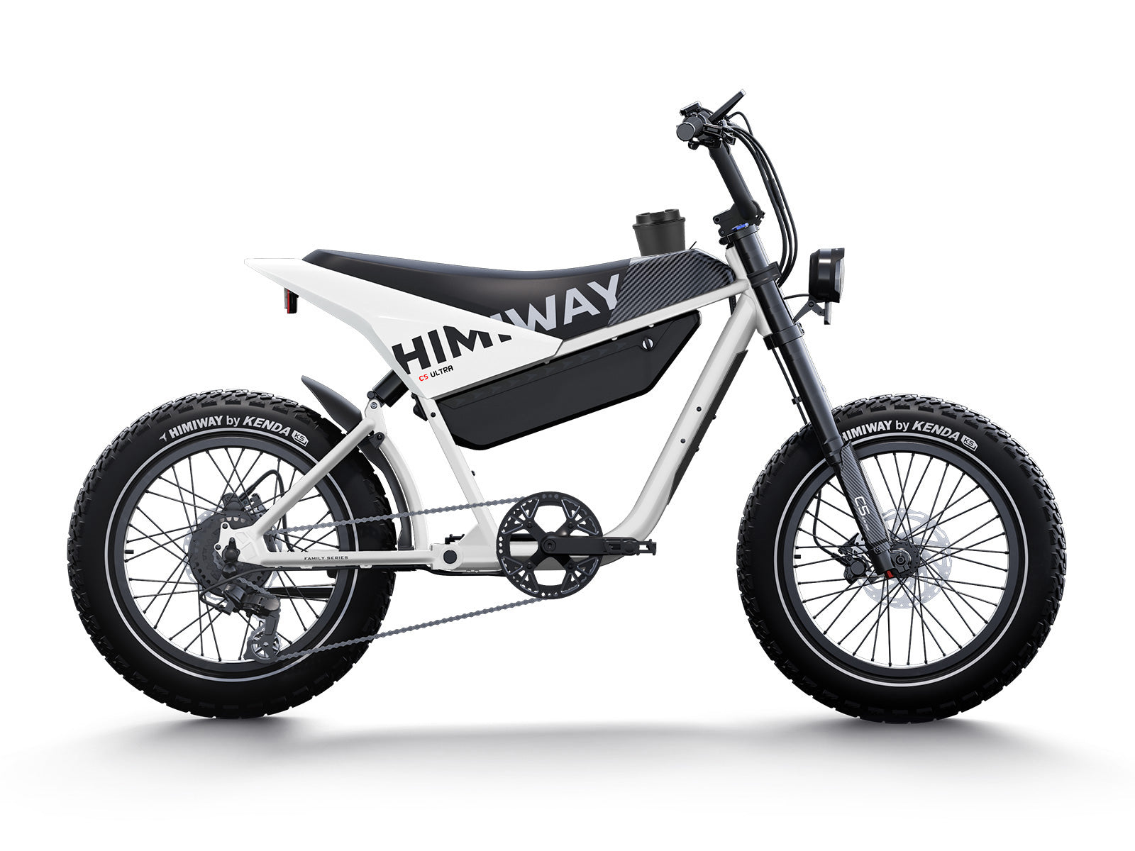 A white and black Himiway - C5 Ultra electric mountain bike with thick tires, featuring an advanced torque sensor for superior handling, is shown in a side profile.