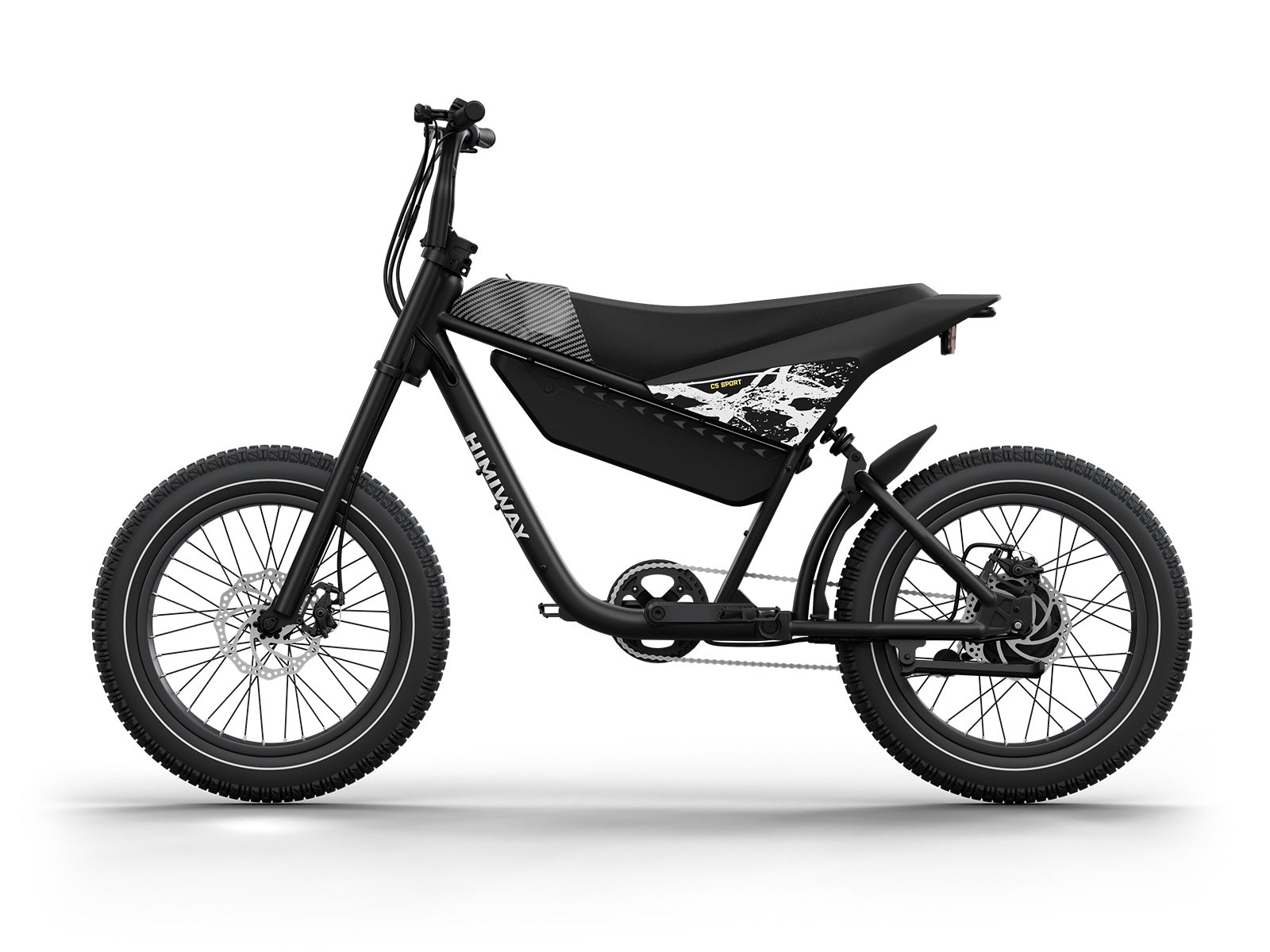 The Himiway - C5 Sport, a budget-friendly eBike from Himiway, boasts wide tires, a sharp frame, and a minimalist seat design. This elegant black electric bike is highlighted in a side profile view, ideal for enthusiasts of electric biking.