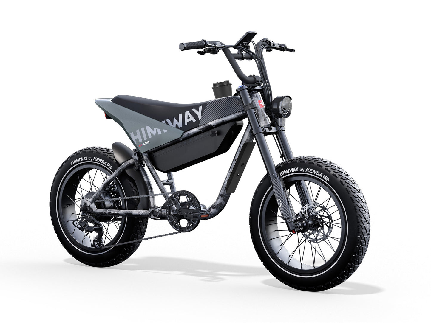 The Himiway - C5 Ultra, featuring a black and gray color scheme, thick tires, a sturdy frame, and prominent "Himiway" branding on the side, provides superior comfort for riders.