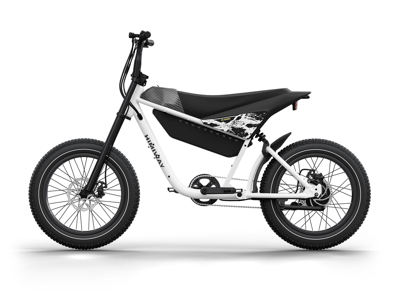 The Himiway - C5 Sport, an economical eBike by Himiway, features a minimalist white frame complemented by a black seat. From the side view, it highlights graphic details and robust black tires, making it ideal for electric biking enthusiasts.