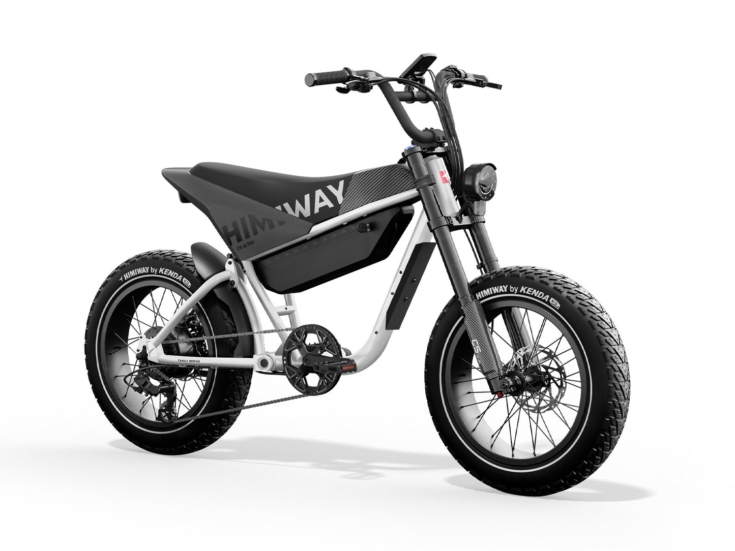 The Himiway C5 Ultra electric bicycle, featuring a sturdy frame, thick tires, and stylish black and silver design with "HIMIWAY" branding, provides an extended range for longer adventures.