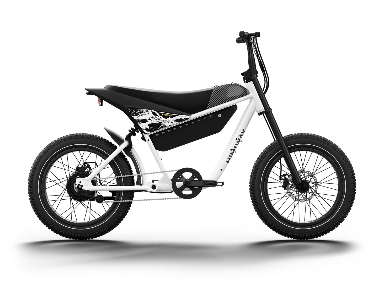 Side view of the stylish Himiway - C5 Sport electric bike in black and white, featuring thick tires and a minimalist design, perfect for enthusiasts venturing into electric biking.