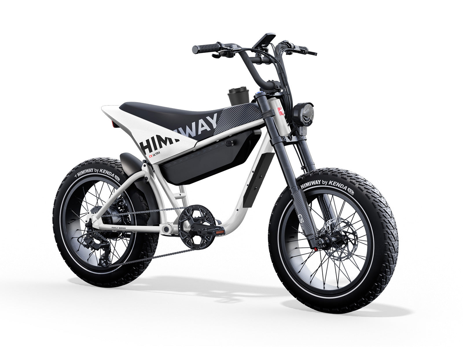 The Himiway C5 Ultra is a stylish electric bike in white and black, featuring thick tires and a minimalist frame, with "HIMIWAY" prominently displayed on its side.