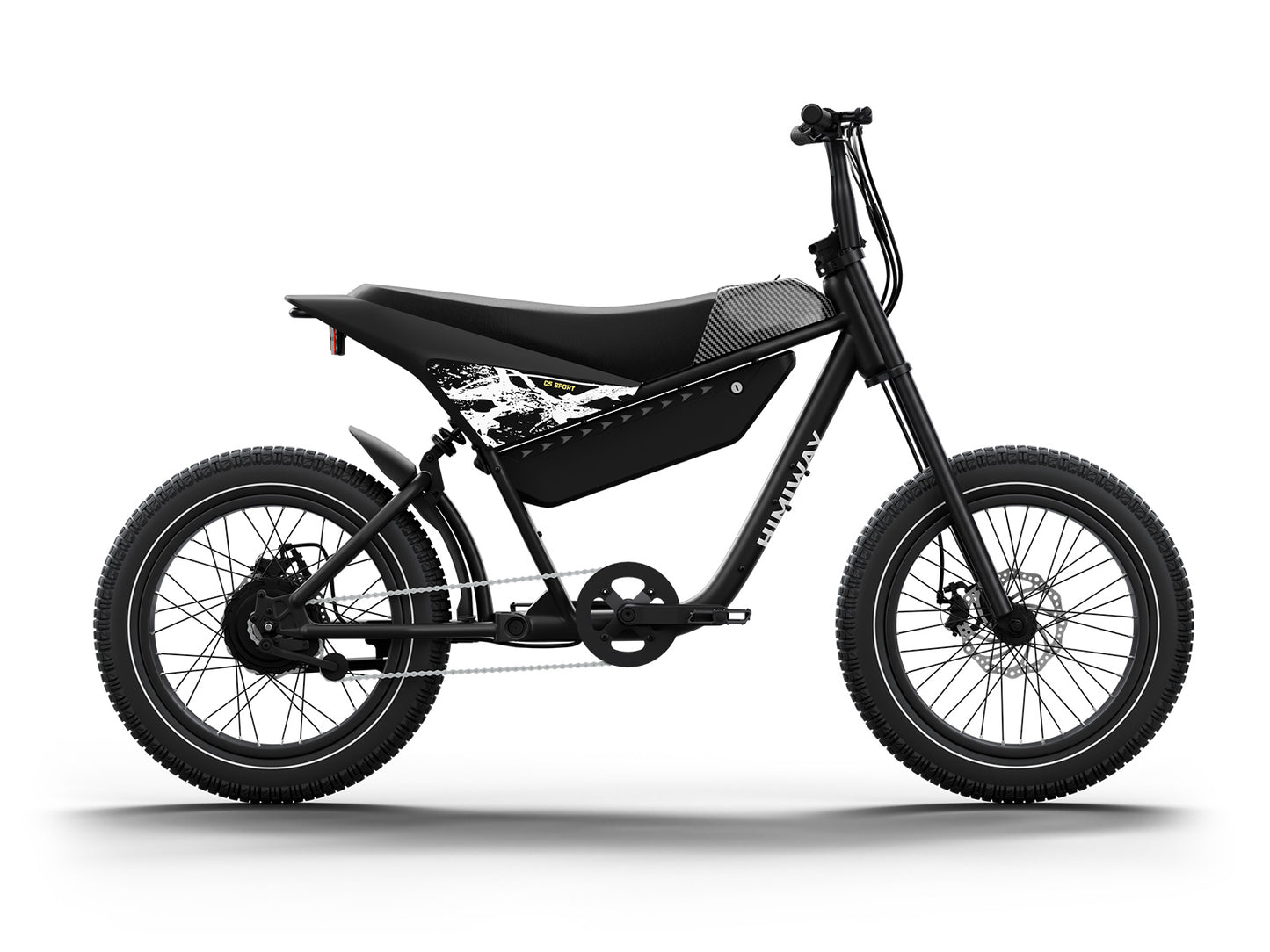 The Himiway - C5 Sport by Himiway is a black electric bike with a sleek, minimalist design, featuring a compact frame and thick tires. It's perfect for e-biking. This budget-friendly eBike comes equipped with a dependable chain drive, making it ideal for both city commuting and off-road escapades.