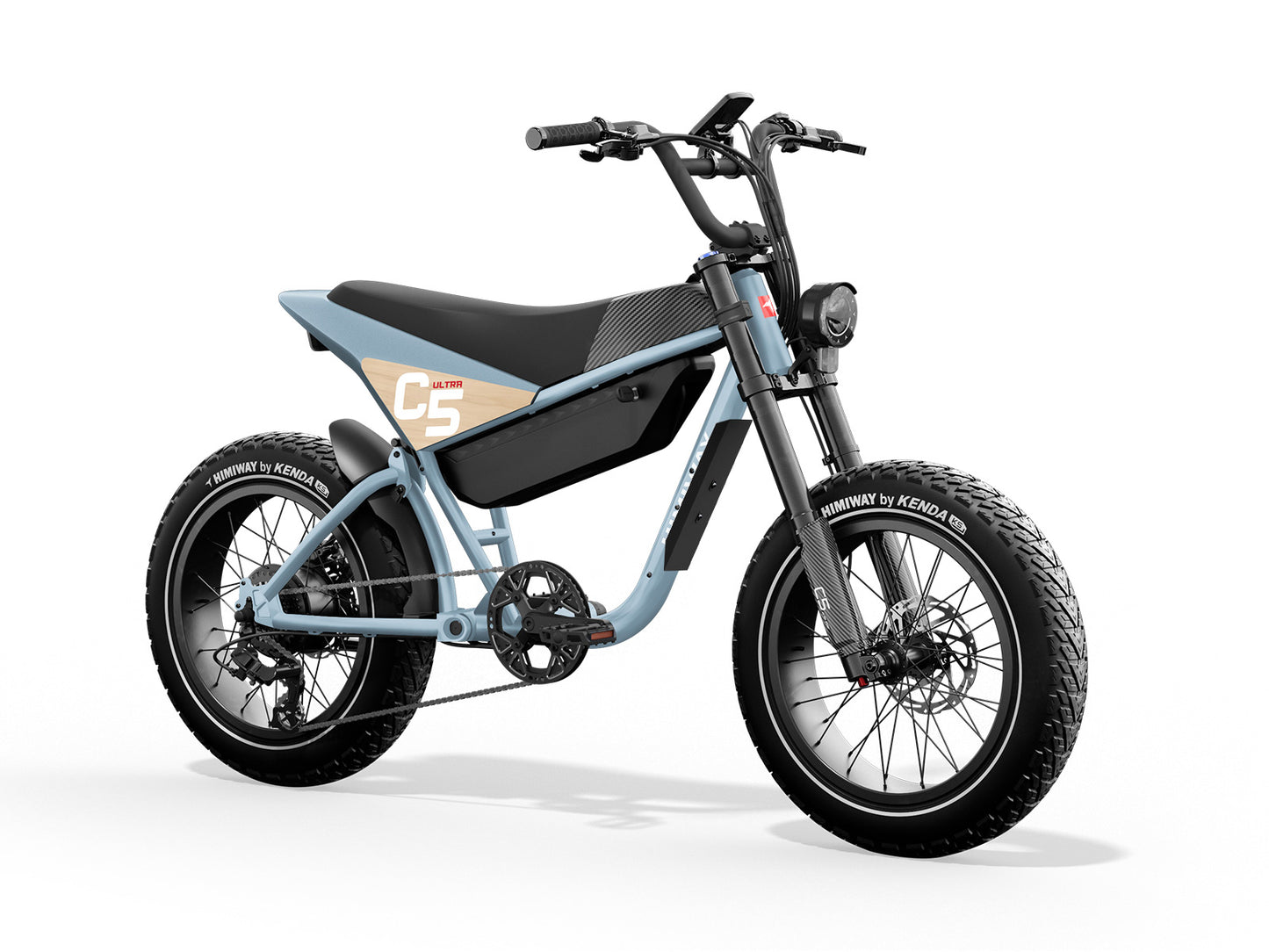 Against a plain white background, the Himiway - C5 Ultra by Himiway is displayed, featuring a blue and black adventure bike design with large tires, a frame marked as "C5," and a distinctive brown side panel, providing an extended range electric motorcycle experience.