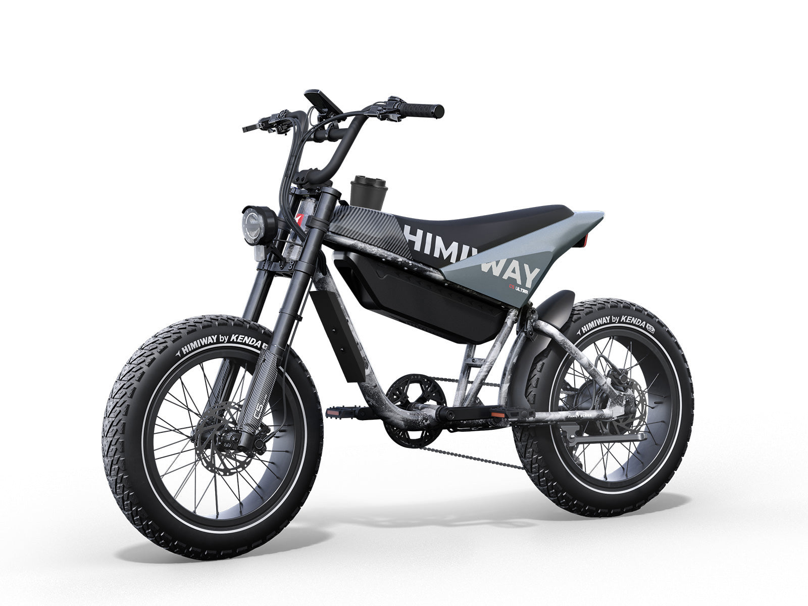 A sleek electric bike, the Himiway - C5 Ultra, features thick tires and a central battery with the brand name "Himiway" elegantly displayed on the frame. This modern design provides an extended range and exceptional comfort, making it perfect for both urban commuting and off-road cycling adventures.