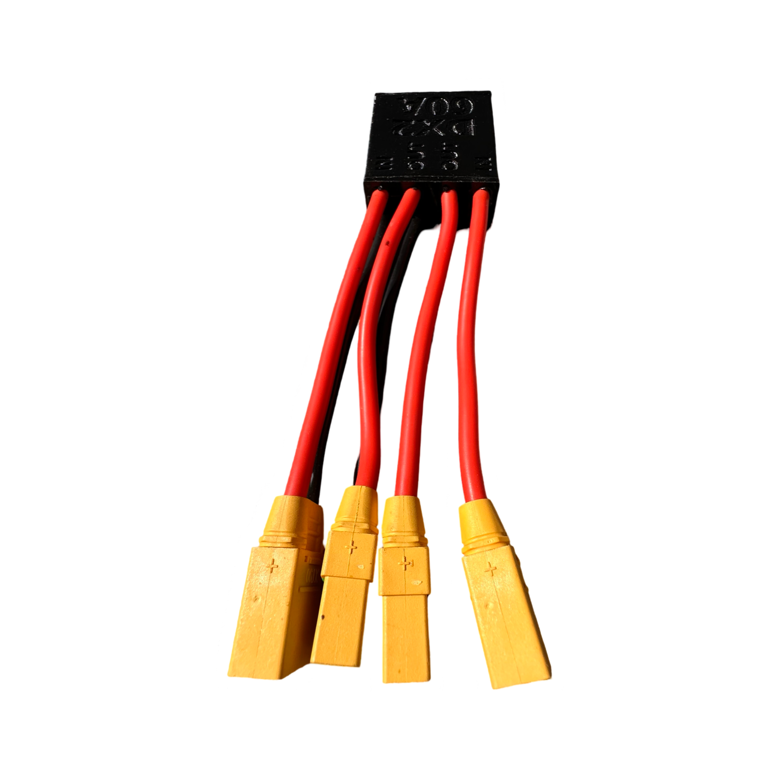 The ElectricAllWheel DateX2 Dx2 60A (90A MAX) Universal Dual Battery Dual Output Discharge Balancer features a black splitter block with four red cables ending in yellow XT90 connectors, shown against a white background.