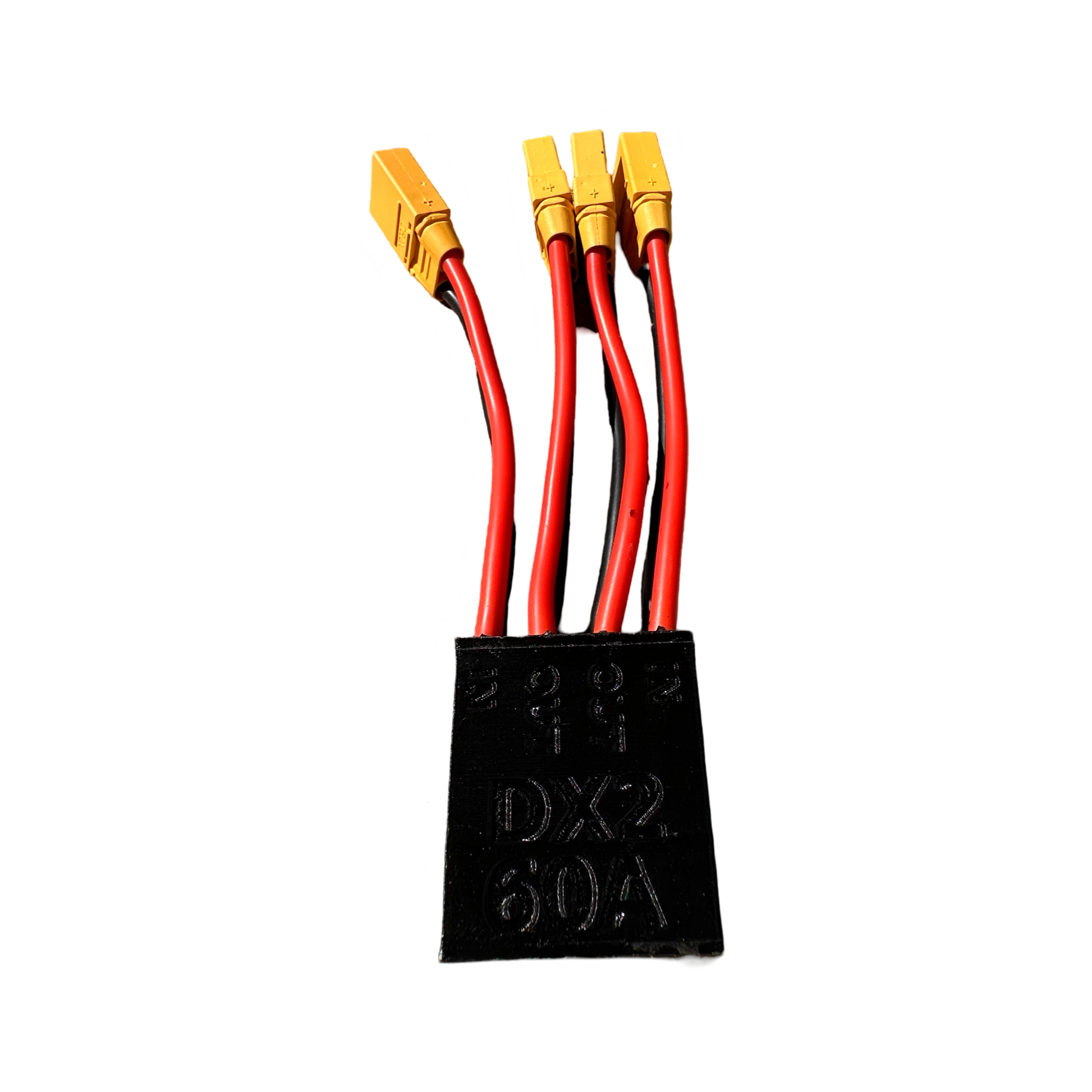 A black ElectricAllWheel DateX2 Dx2 60A (90A MAX) module with four red and black wires ending in yellow XT90 connectors, a universal dual battery dual output discharge balancer, shown against a white background.