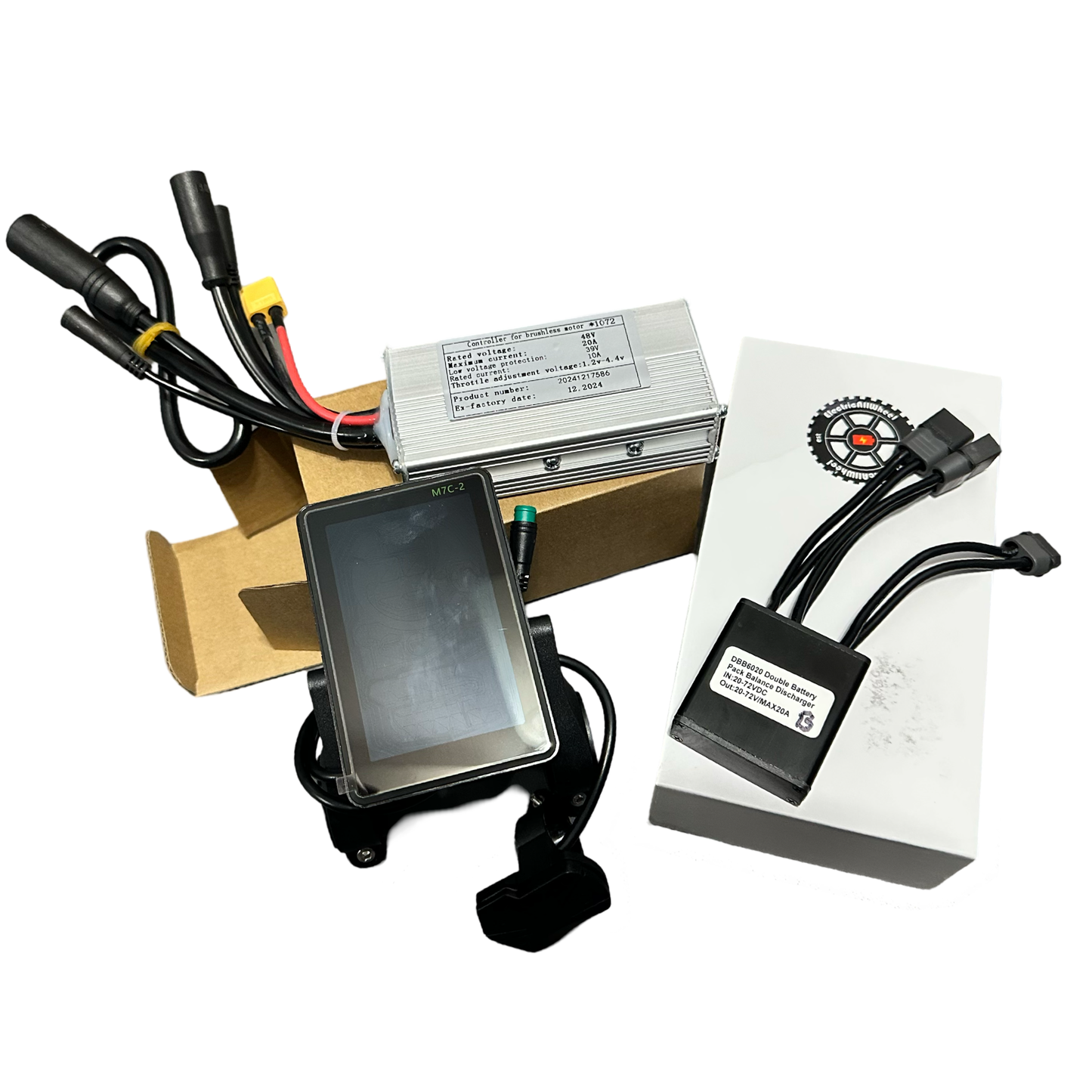 The ElectricAllWheel 3.0 Bundle Package (Lectric XP3.0 Fit) by ElectricAllWheel, featuring an LCD-M7C-2 Hand Control Panel display, wiring connectors, and a small black box, is displayed on a white background.