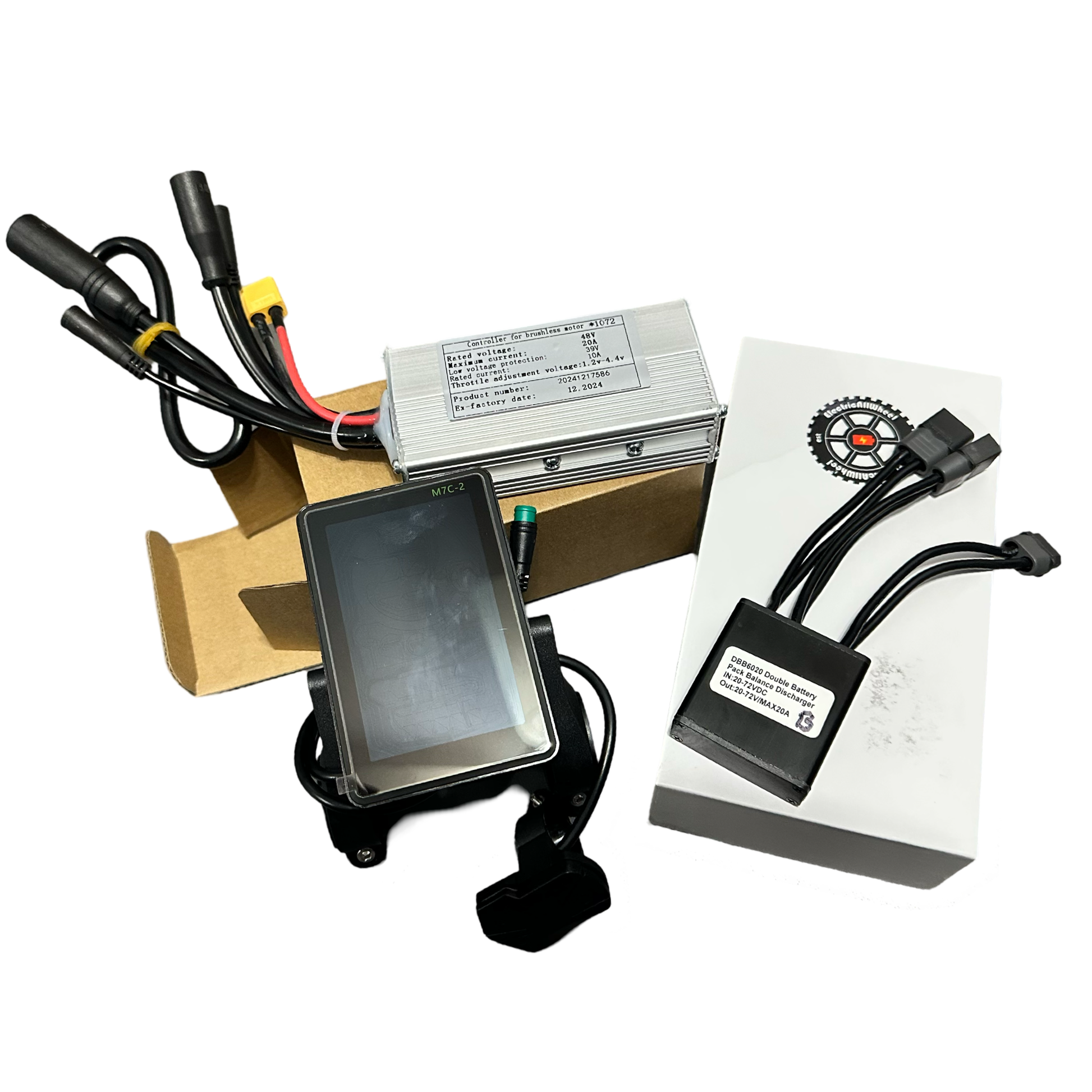The ElectricAllWheel 3.0 Bundle Package (Lectric XP3.0 Fit) by ElectricAllWheel, featuring an LCD-M7C-2 Hand Control Panel display, wiring connectors, and a small black box, is displayed on a white background.
