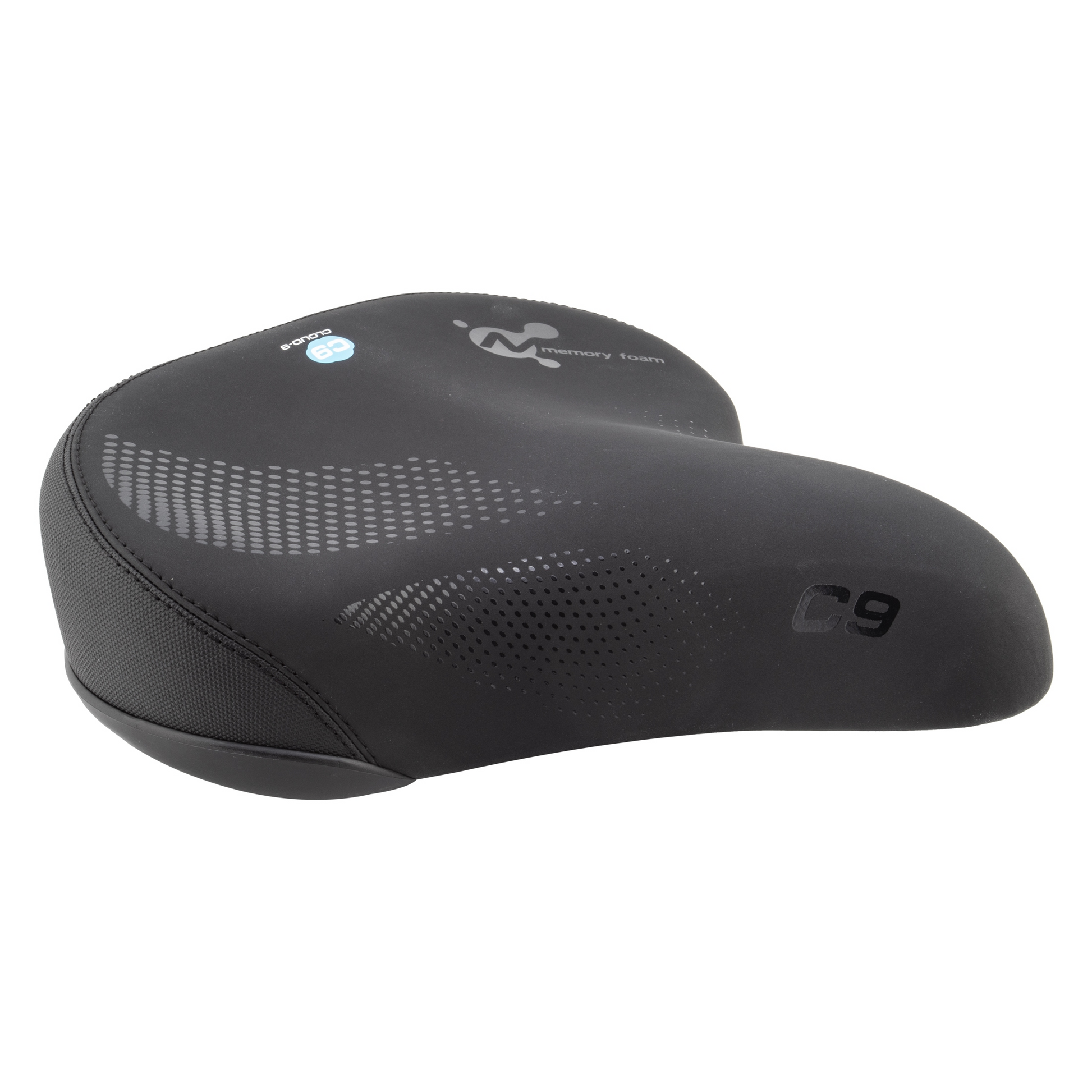 A CLOUD-9 Cruiser Contour Sport bicycle seat in black and gray, featuring the label "C9" and the Comfort 9 logo, equipped with dual coil spring suspension.