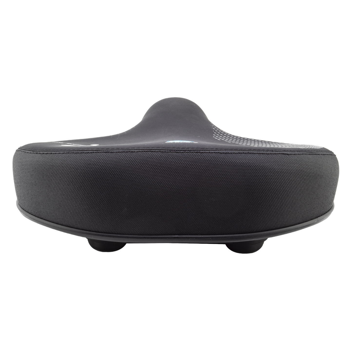 Introducing the CLOUD-9 Cruiser Contour Sport by CLOUD-9: a sleek black, ergonomically designed seat cushion with a contoured shape and mesh fabric, featuring multi-stage foam for added comfort, viewed from the front.