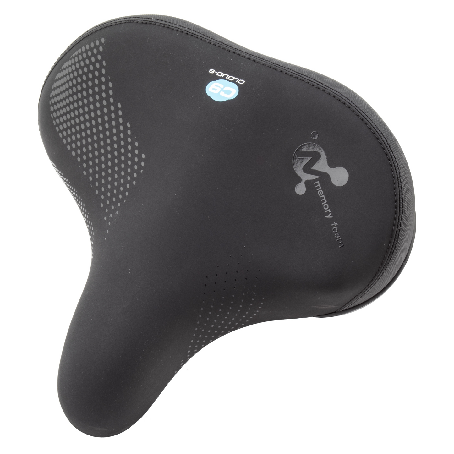 A CLOUD-9 Cruiser Contour Sport bicycle seat by CLOUD-9, in black, with dual coil spring suspension, memory foam padding, and a small blue logo on top, featuring dotted design patterns for added comfort.