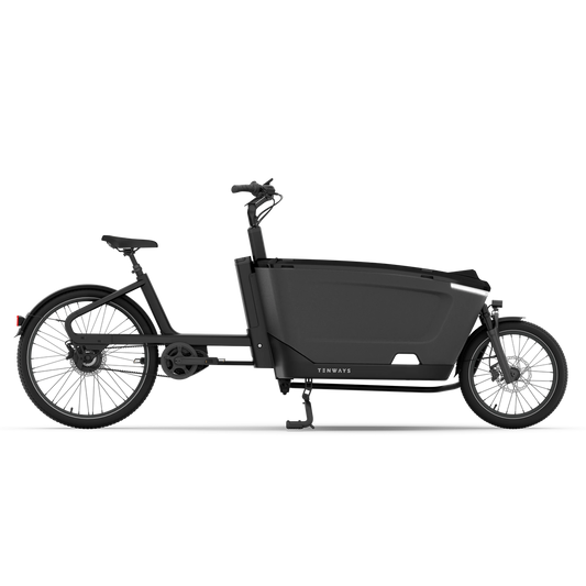 Side view of the Tenways - Cargo One, a black electric cargo bike by Tenways with a large front storage box, ideal for urban goods transport or as a practical family eBike.