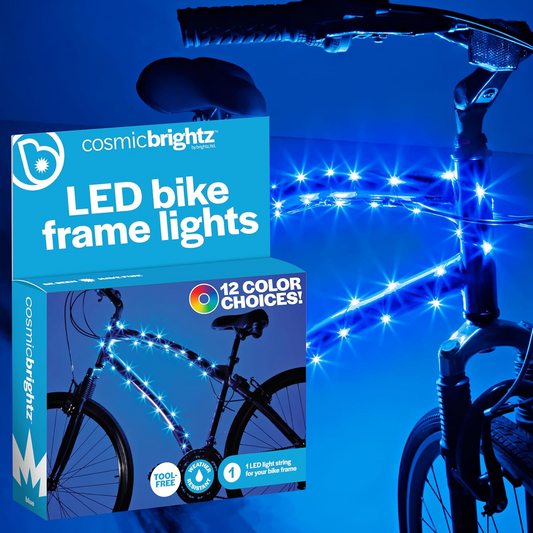 A box of Cosmic Brightz LED bike frame lights from Brightz features a vibrant blue underglow and offers 12 easy-to-install, eye-catching color options.