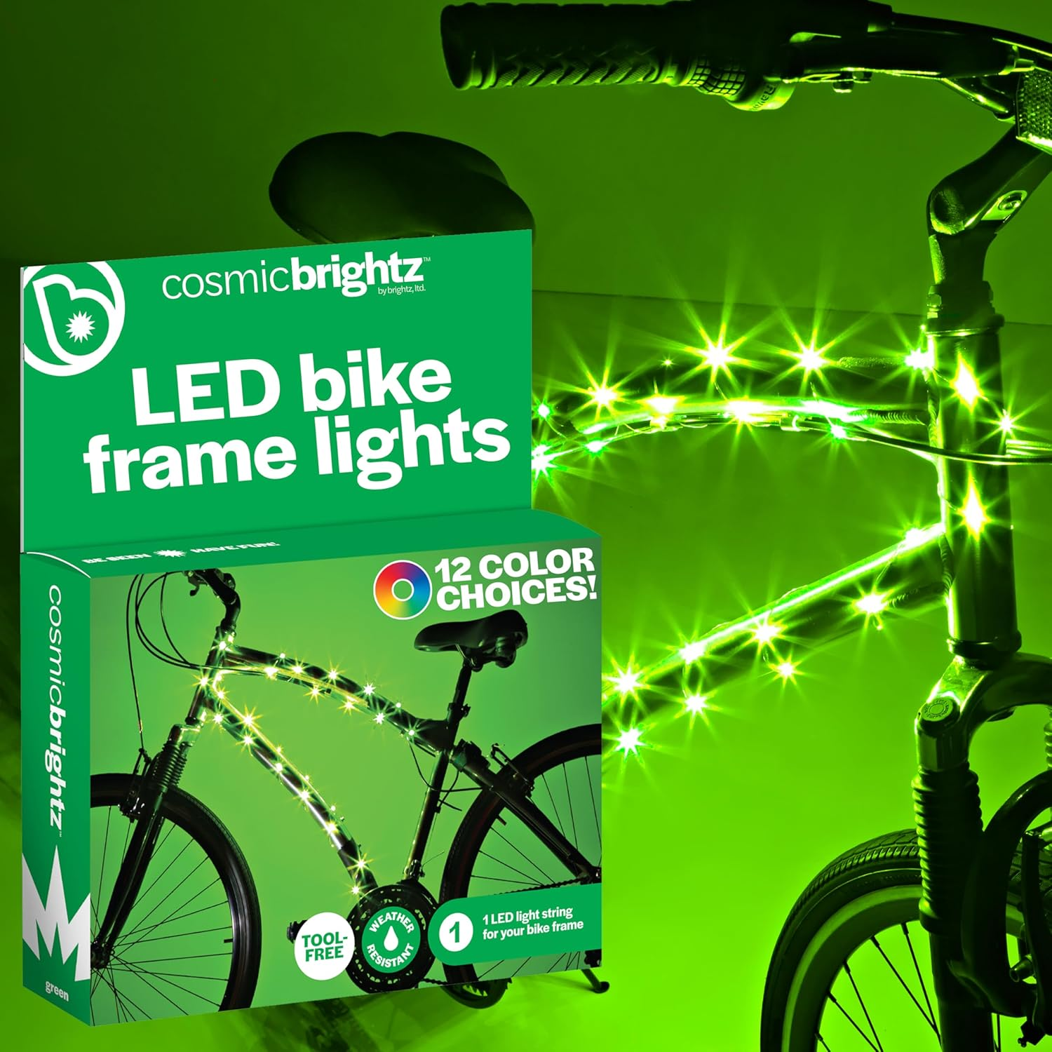 The Cosmic Brightz by Brightz are easy-to-install LED bike frame lights, showcased with a vibrant green underglow, offering 12 color choices and tool-free installation.