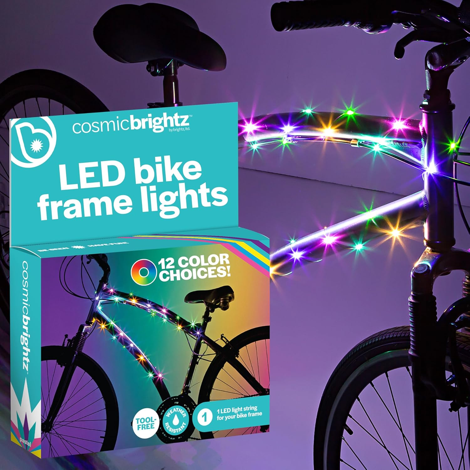 A box of Brightz's Cosmic Brightz LED bike lights rests next to a colorfully lit bike, highlighting an easy-to-install LED underglow wrapped around its frame.