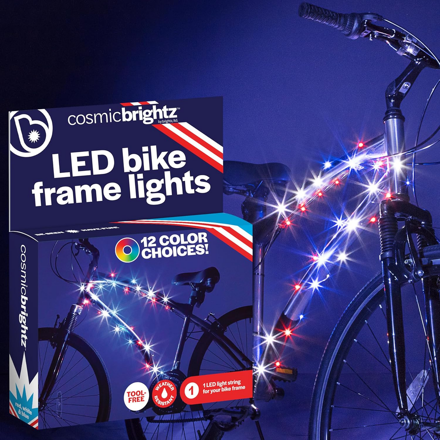 A box of Cosmic Brightz by Brightz, featuring 12 vibrant LED colors, is shown next to a bicycle with wheels glowing in blue and white. Their easy-to-install design guarantees your LED bike underglow will be effortlessly eye-catching.