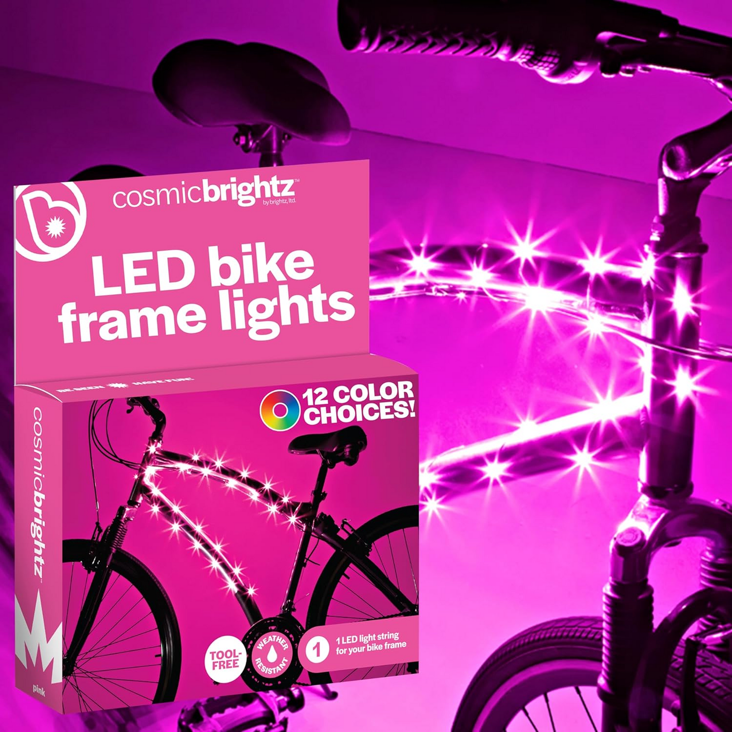 A box of Cosmic Brightz by Brightz rests next to a bike adorned with vibrant pink LED lights, demonstrating the easy-to-install bike underglow.