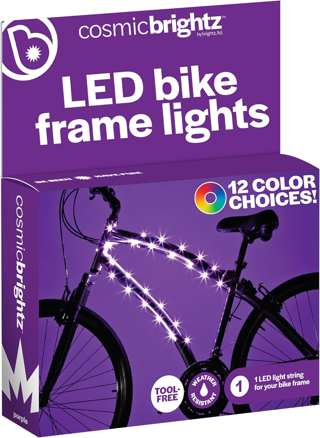 The Brightz Cosmic Brightz LED bike frame lights in purple give your bike a vibrant underglow. Available in 12 colors, they're weather-resistant and easy-to-install without tools—perfect for enhancing your ride.