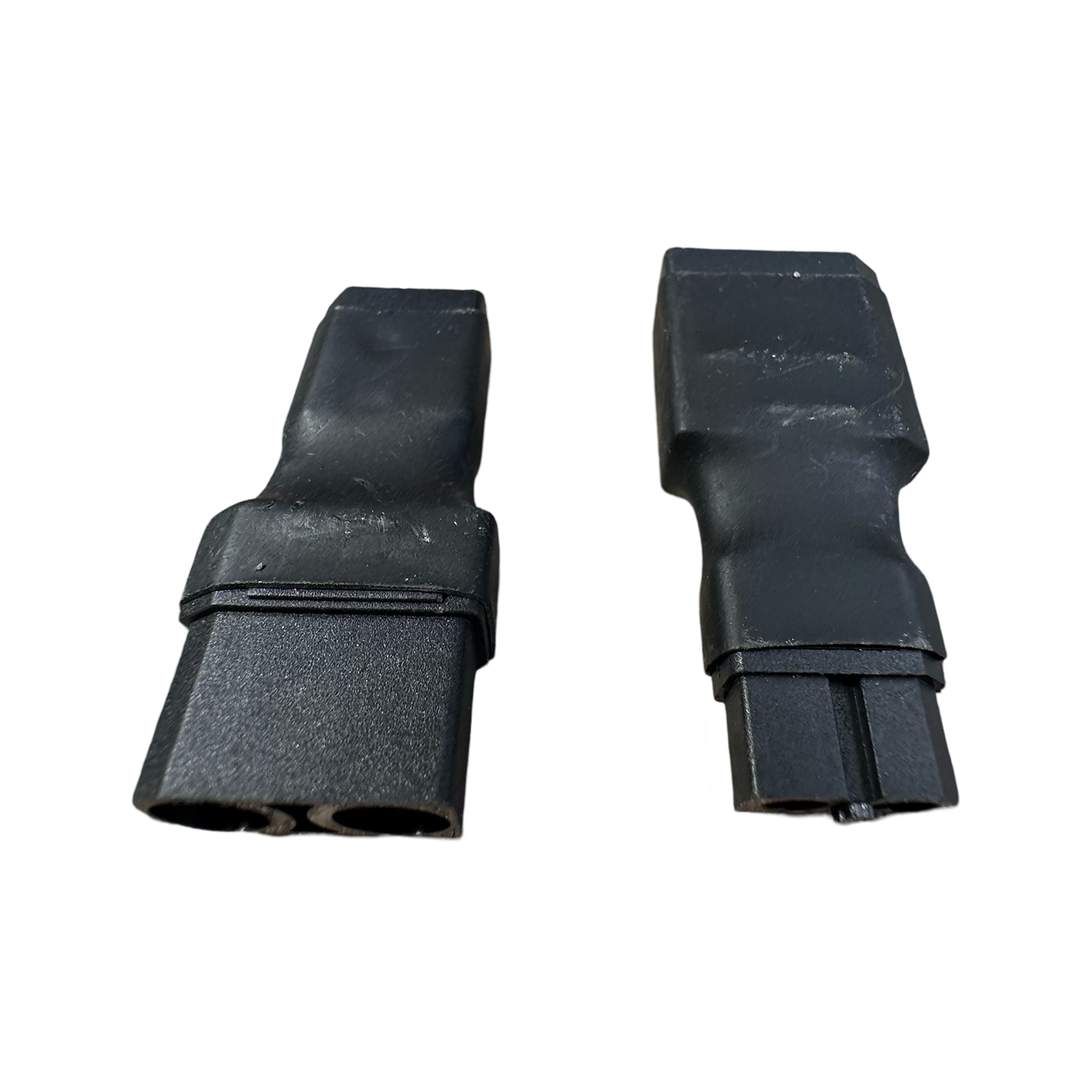 Two Premier (10AWG) XT90 Extension Cables with XT60-XT90 adapters by ElectricAllWheel, featuring black rectangular connectors and silicone wire for efficient 45A continuous current, are placed side by side on a white background.