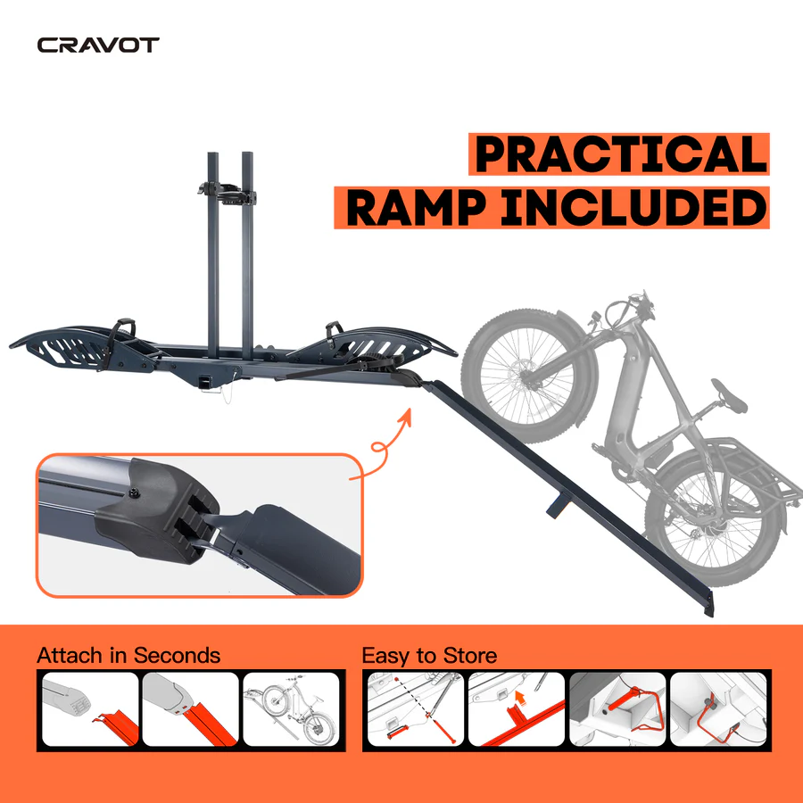 A black Cravot CyberRack E2 hitch bike rack with a practical ramp included for easy loading, featuring step-by-step instructions for attaching and storing the rack at the base. Text reads, "Practical ramp included.