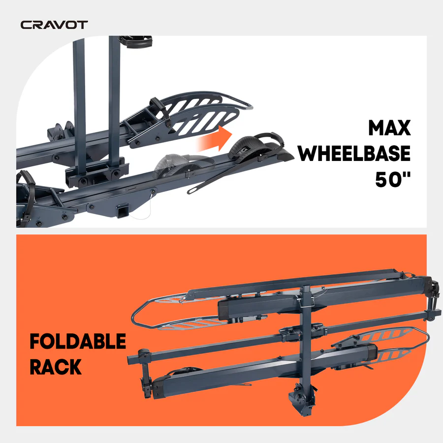 Here’s a revised version using your product data: Two views of the Cravot CyberRack E2 hitch bike rack: the top view demonstrates its ability to hold bikes with wheelbases up to 50 inches, making it suitable for larger setups like electric bikes or fat tire bikes; the bottom view displays the Cravot rack folded for space-saving storage.