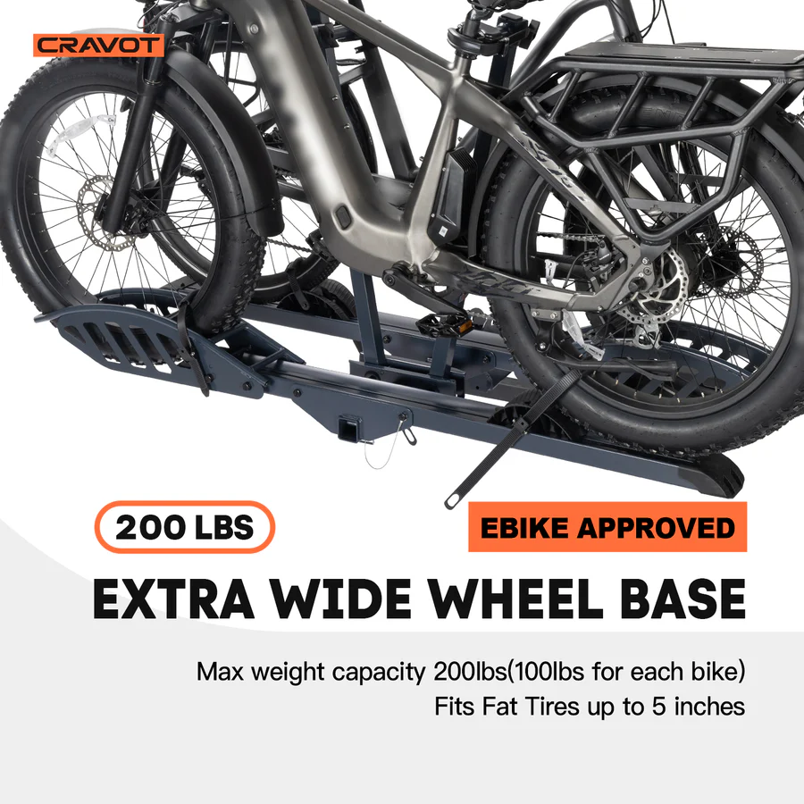 The Cravot CyberRack E2 Hitch Bike Rack by Cravot securely holds two fat tire e-bikes and is labeled "EBIKE APPROVED," "200 LBS," and "EXTRA WIDE WHEEL BASE." Designed for fat tires up to 5 inches, this robust rack offers a 200 lb maximum capacity—making it the ideal electric bike rack for your next adventure.