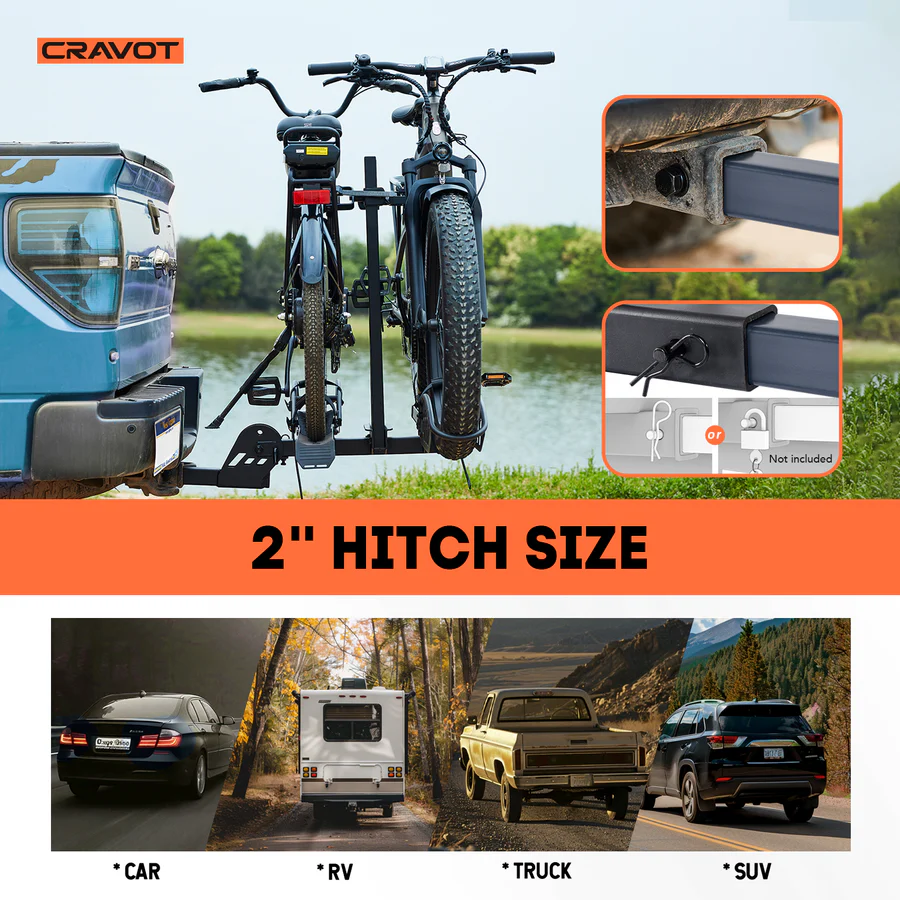 The Cravot CyberRack E2 hitch bike rack by Cravot, shown mounted on a vehicle’s 2-inch hitch receiver with two bikes, is compatible with cars, RVs, trucks, and SUVs. Designed for heavier e-bikes or fat tire bikes, this electric bike rack features close-up insets highlighting the hitch details.