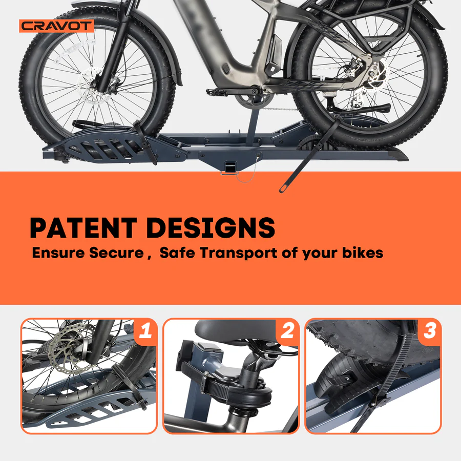 A close-up shows the Cravot CyberRack E2 Hitch Bike Rack attached to a black hitch, highlighting each step of the secure mounting process. Text reads: "PATENTED DESIGN. Ensure Safe, Secure Transport of Your Bikes with Cravot.