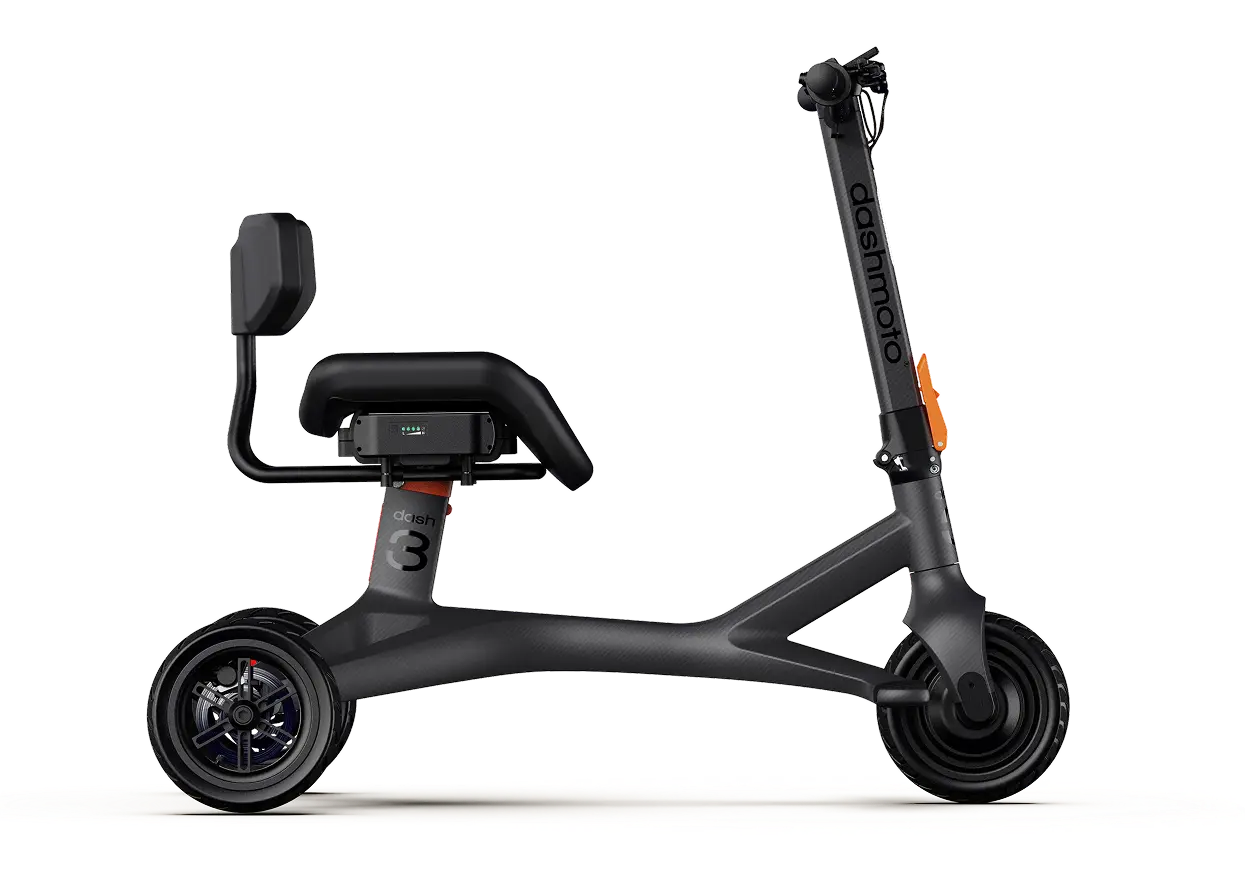 The Dashmoto Dash 3 is a black, three-wheeled folding mobility scooter with a seat, backrest, and handlebar, powered by a 500W motor for enhanced personal mobility.