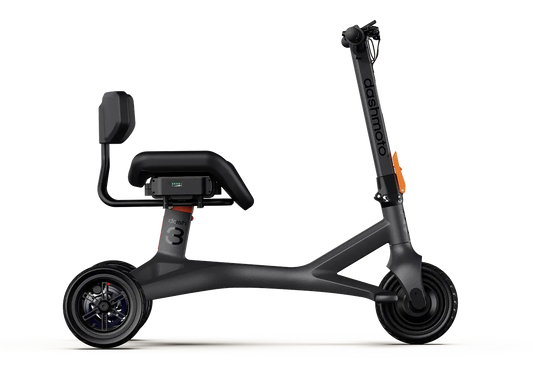 The Dashmoto Dash 3 is a black, three-wheeled folding mobility scooter with a seat, backrest, and handlebar, powered by a 500W motor for enhanced personal mobility.