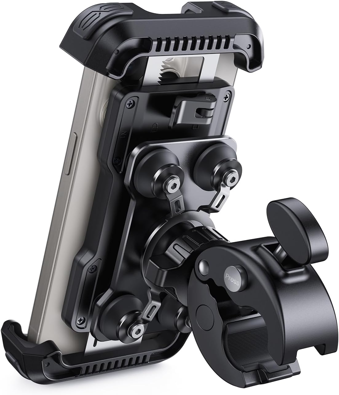 A close-up of a smartphone in the Tampa Bay eBikes Cell Phone Holder - Premium Anti-Shake, a rugged, adjustable mount with secure clamps and extra stability for your ride.