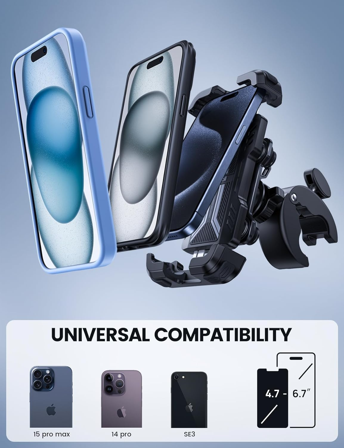 Exploded view of Tampa Bay eBikes Cell Phone Holder - Premium Anti-Shake and case with smartphones, showing universal compatibility for iPhone models and screen sizes from 4.7" to 6.7".