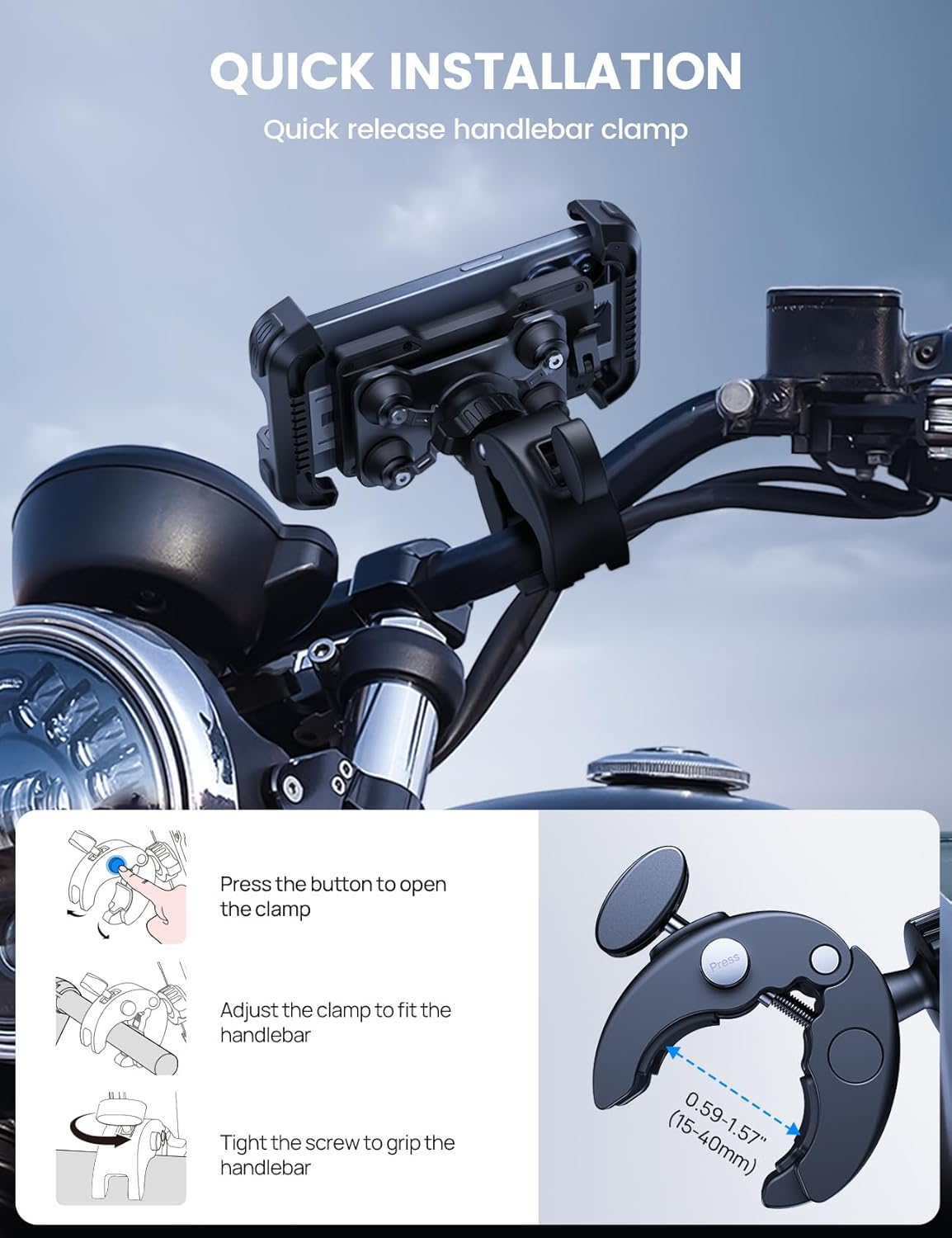 The Tampa Bay eBikes Cell Phone Holder - Premium Anti-Shake is mounted on a motorcycle, with an inset showing how to open, adjust, and tighten the quick release clamp for easy installation.