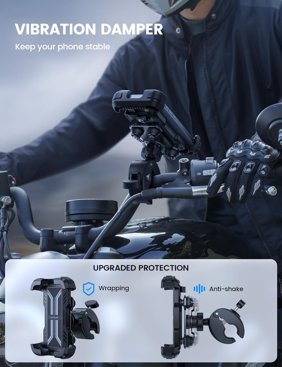 A motorcyclist with gloves mounts the Tampa Bay eBikes Cell Phone Holder - Premium Anti-Shake to handlebars; inset highlights its vibration damper, secure wrapping, and advanced anti-shake protection.