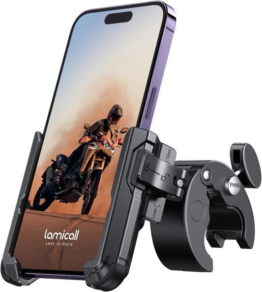 A smartphone showing a motorcyclist is secured in a black Tampa Bay eBikes Cell Phone Holder - Premium Camera Friendly, with the clamp and quick release button clearly visible.
