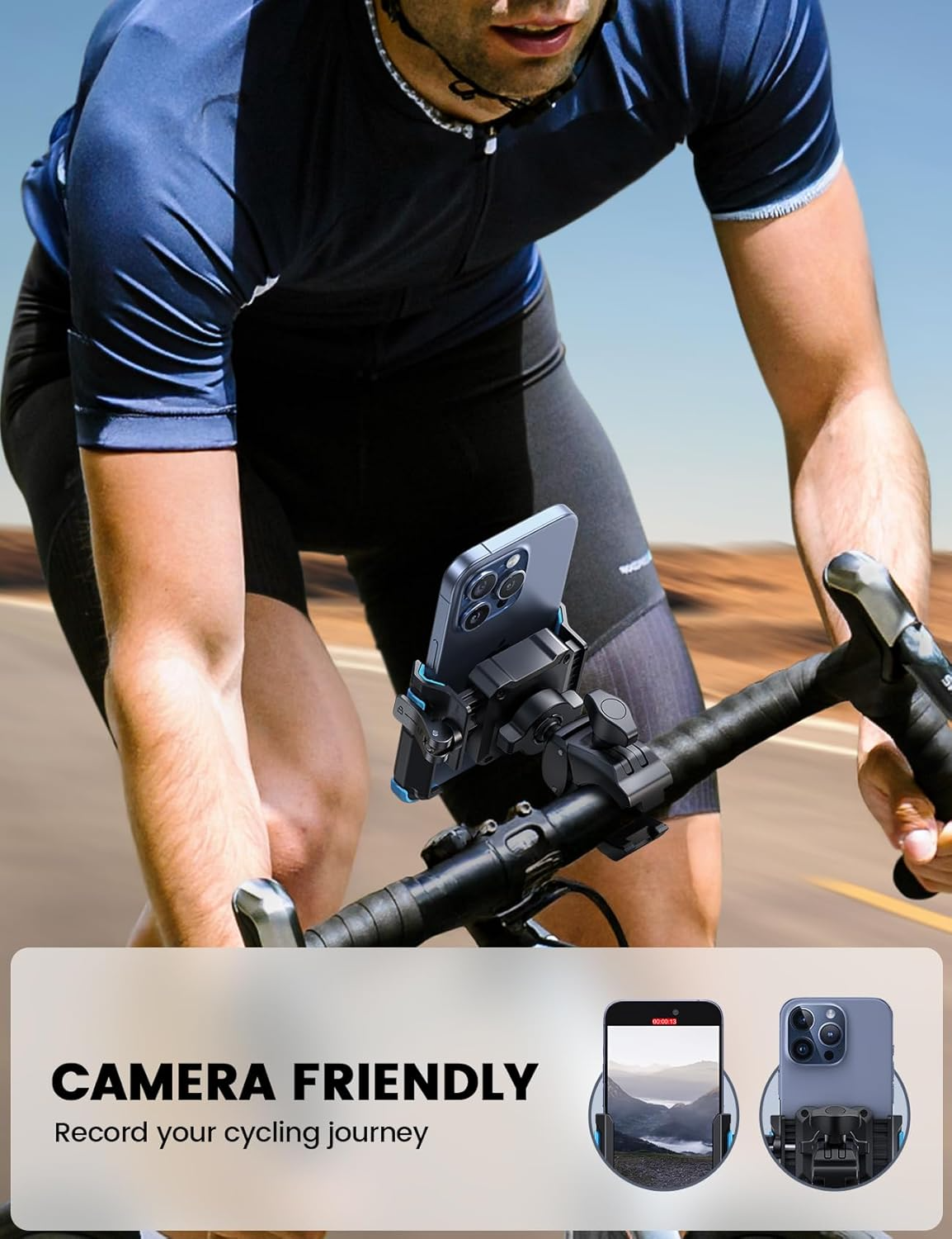 A cyclist rides with the Tampa Bay eBikes Cell Phone Holder – Premium Camera Friendly, securely mounted to capture every cycling adventure; this mount is perfect for recording your journeys.