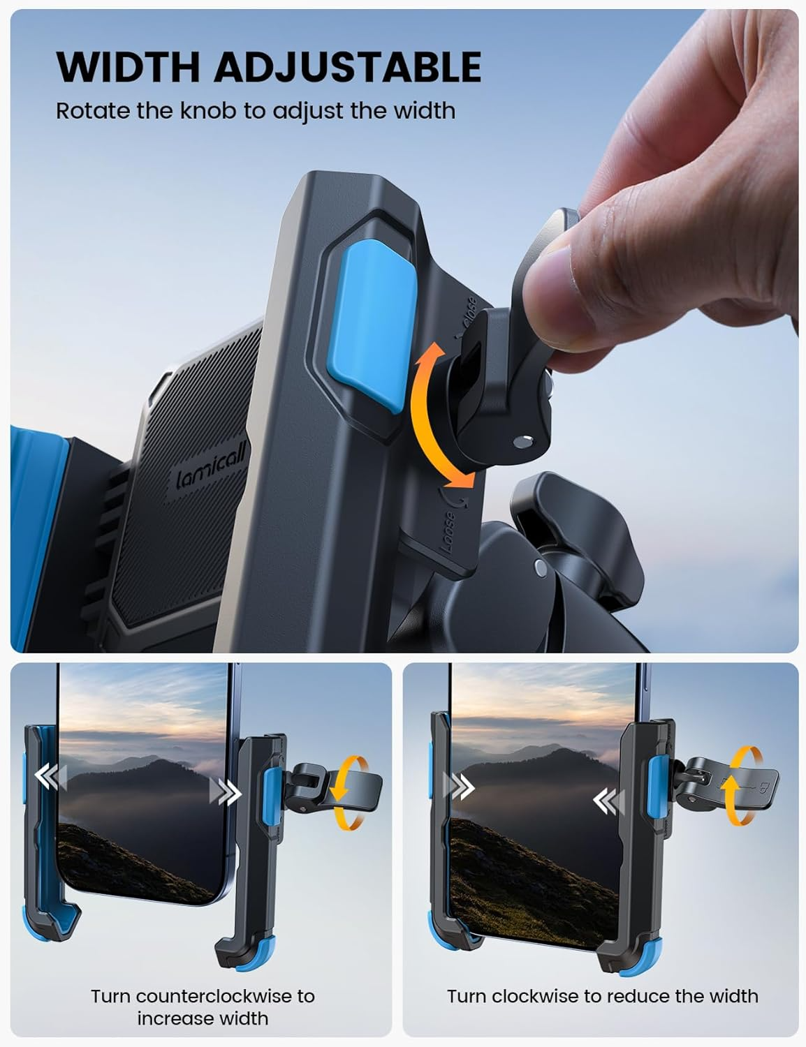 A hand turns the knob on the Tampa Bay eBikes Cell Phone Holder - Premium Camera Friendly; turning counterclockwise widens it, while clockwise tightens it, as shown in the illustrations.